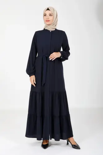 Lacivert Krep Gizli Fermuarlı İki Katlı Büzgülü Seyyar Kemerli Tesettür Ferace 3649-25 - 1