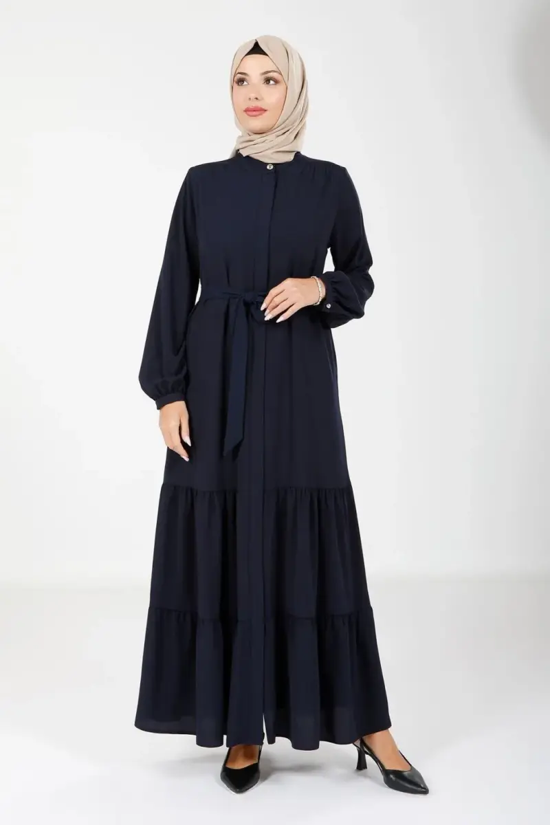 Lacivert Krep Gizli Fermuarlı İki Katlı Büzgülü Seyyar Kemerli Tesettür Ferace 3649-25 - 1