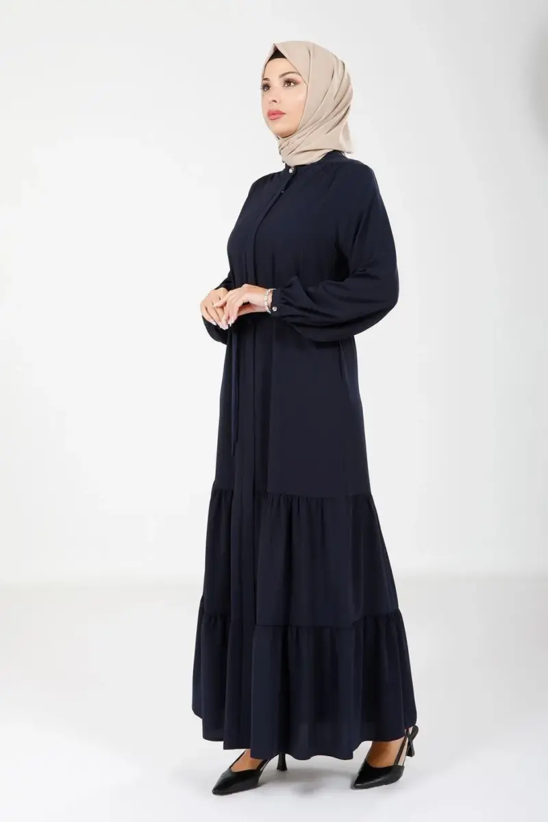 Lacivert Krep Gizli Fermuarlı İki Katlı Büzgülü Seyyar Kemerli Tesettür Ferace 3649-25 - 2