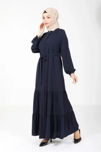 Lacivert Krep Gizli Fermuarlı İki Katlı Büzgülü Seyyar Kemerli Tesettür Ferace 3649-25 - 3