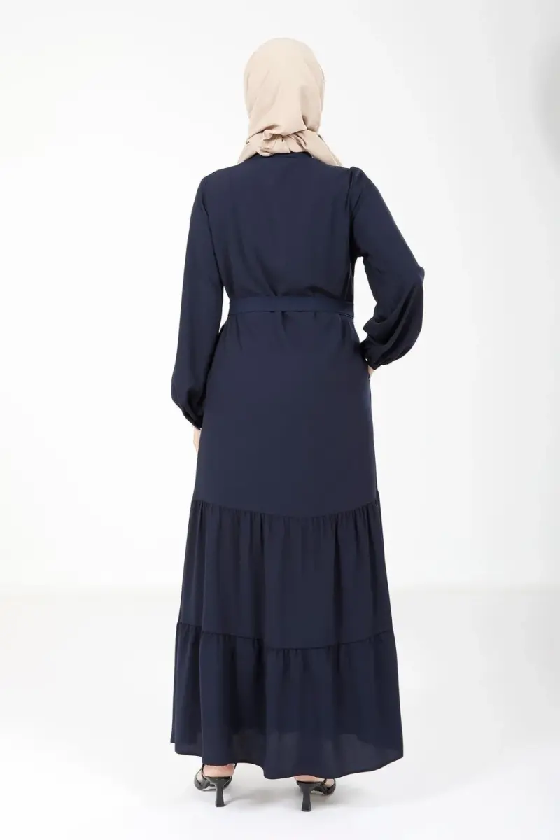 Lacivert Krep Gizli Fermuarlı İki Katlı Büzgülü Seyyar Kemerli Tesettür Ferace 3649-25 - 4