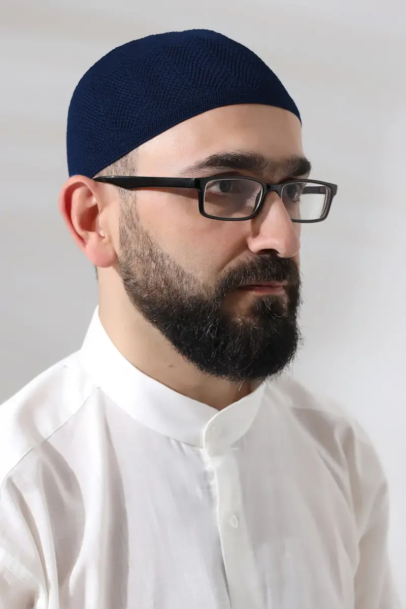 Lacivert Safir Dantel Detaylı Örme Namaz Takkesi - 3