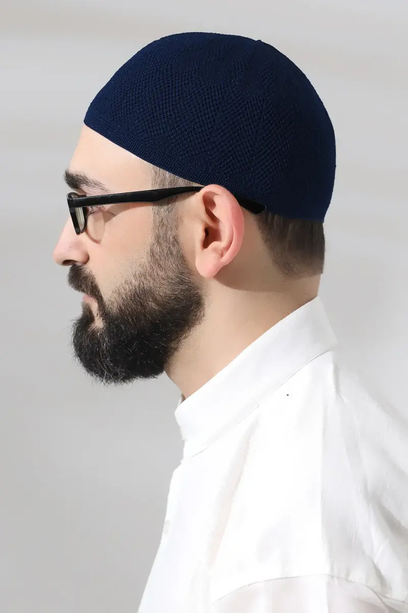 Lacivert Safir Dantel Detaylı Örme Namaz Takkesi - 4