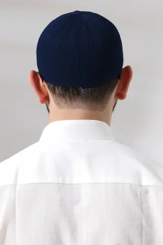 Lacivert Safir Dantel Detaylı Örme Namaz Takkesi - 5