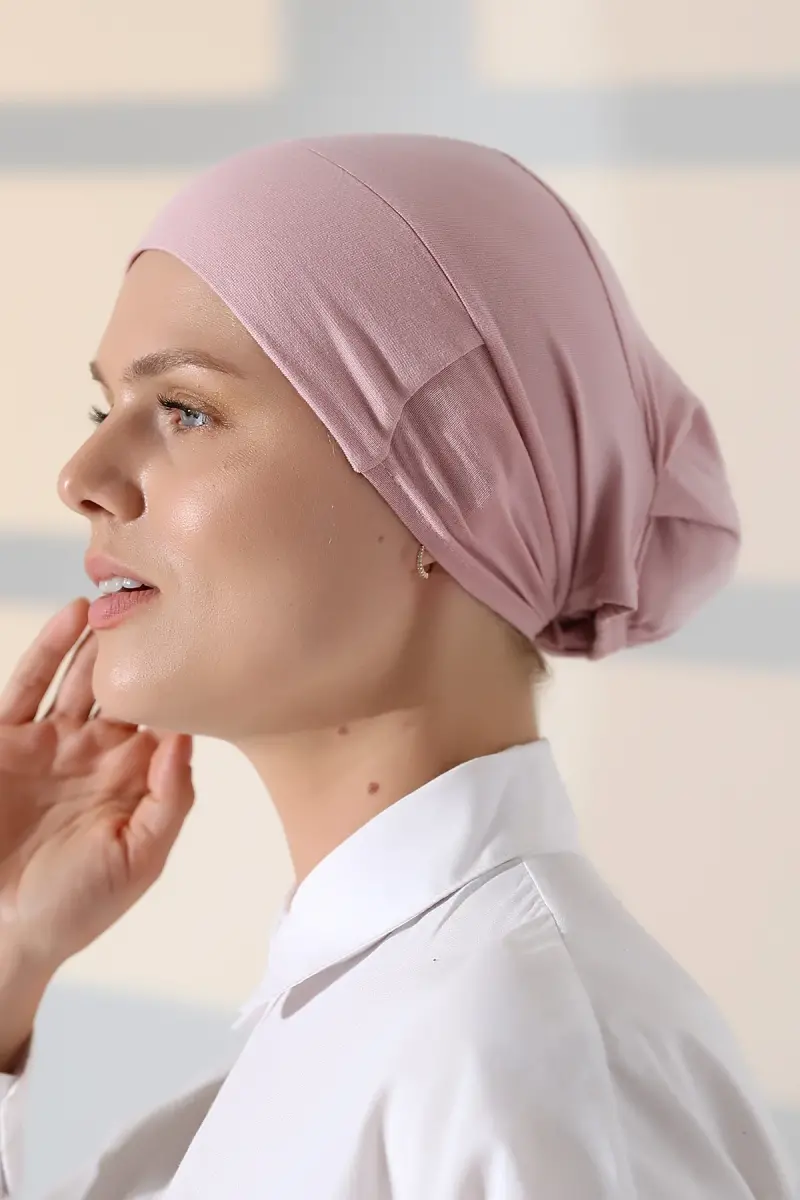 Lastikli Dikişsiz Kaymaz Silikonlu Tesettür Bone Pembe - 5