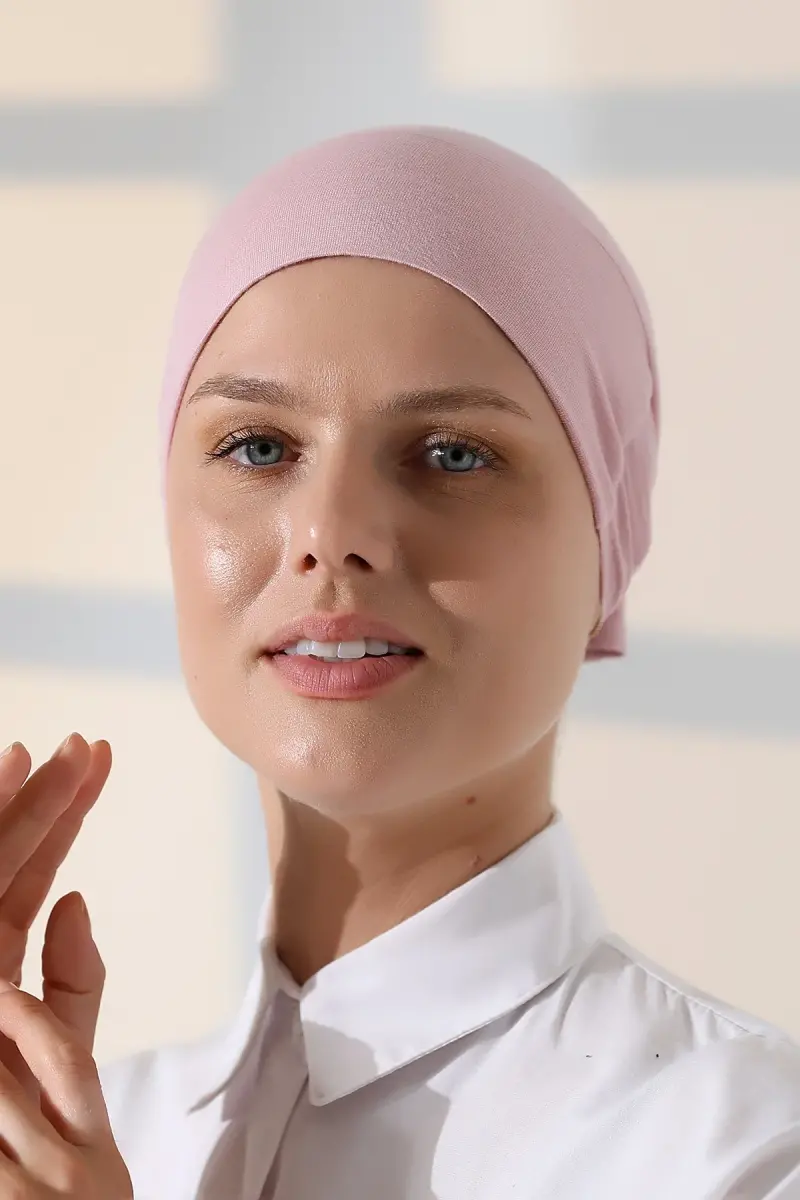 Lastikli Dikişsiz Kaymaz Silikonlu Tesettür Bone Pembe - 6