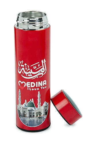 Led Sıcaklık Göstergeli Vakumlu Termos Makkah Medina Desenli - Kırmızı - 5