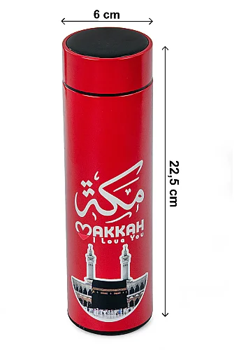 Led Sıcaklık Göstergeli Vakumlu Termos Makkah Medina Desenli - Kırmızı - 3