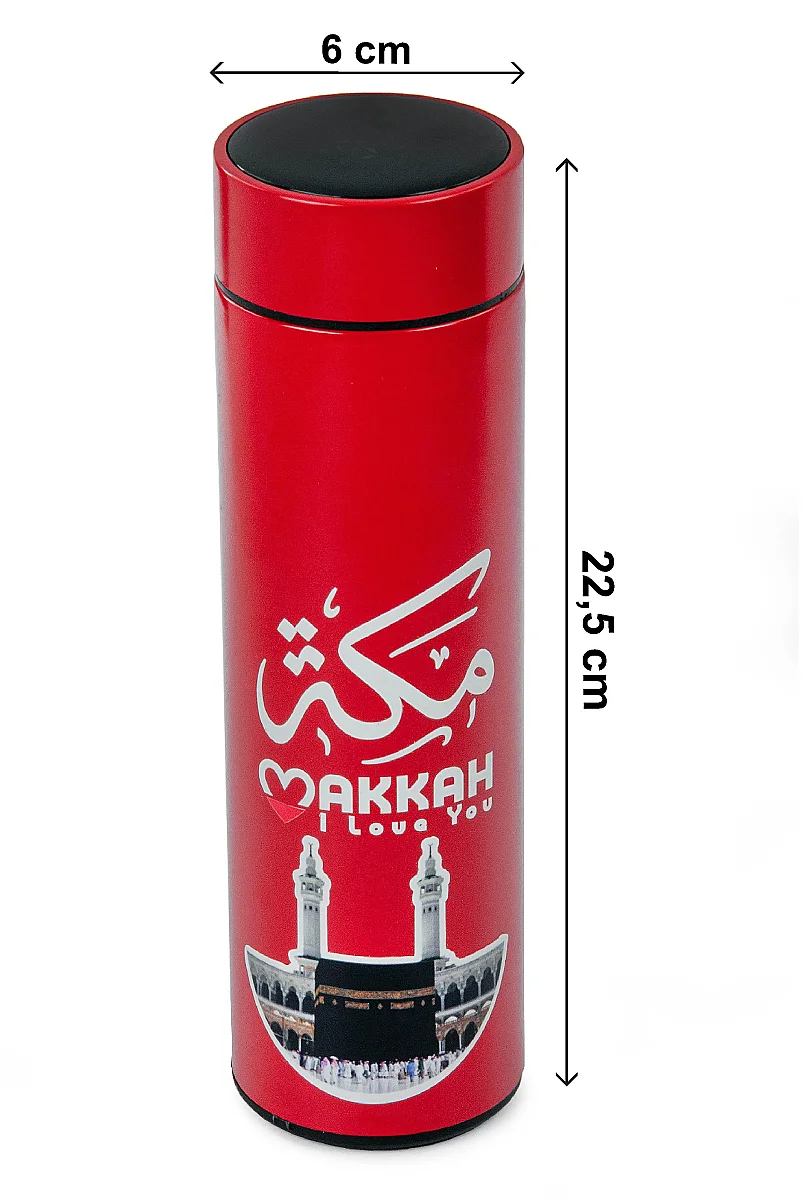 Led Sıcaklık Göstergeli Vakumlu Termos Makkah Medina Desenli - Kırmızı - 3