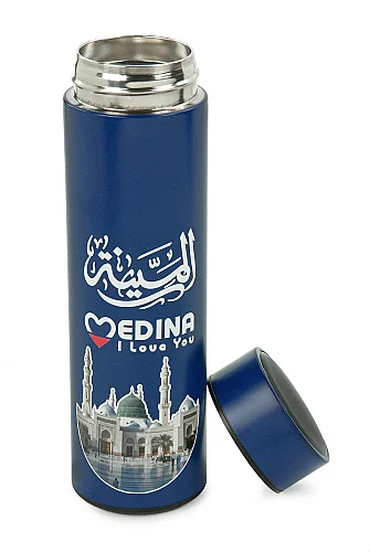 Led Sıcaklık Göstergeli Vakumlu Termos Makkah Medina Desenli - Mavi - 4