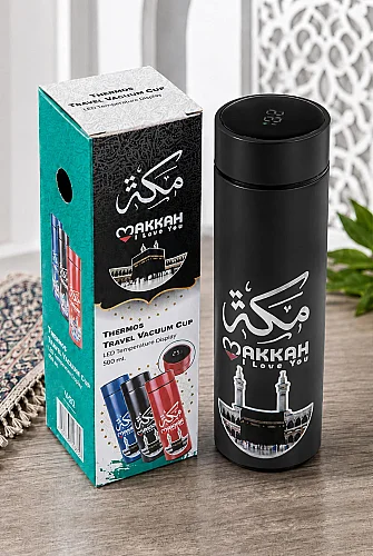 Led Sıcaklık Göstergeli Vakumlu Termos Makkah Medina Desenli - Siyah 