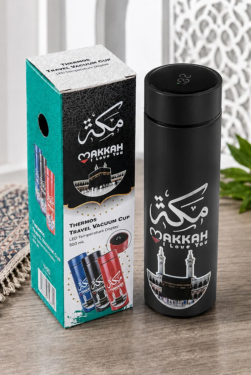 Led Sıcaklık Göstergeli Vakumlu Termos Makkah Medina Desenli - Siyah - 1