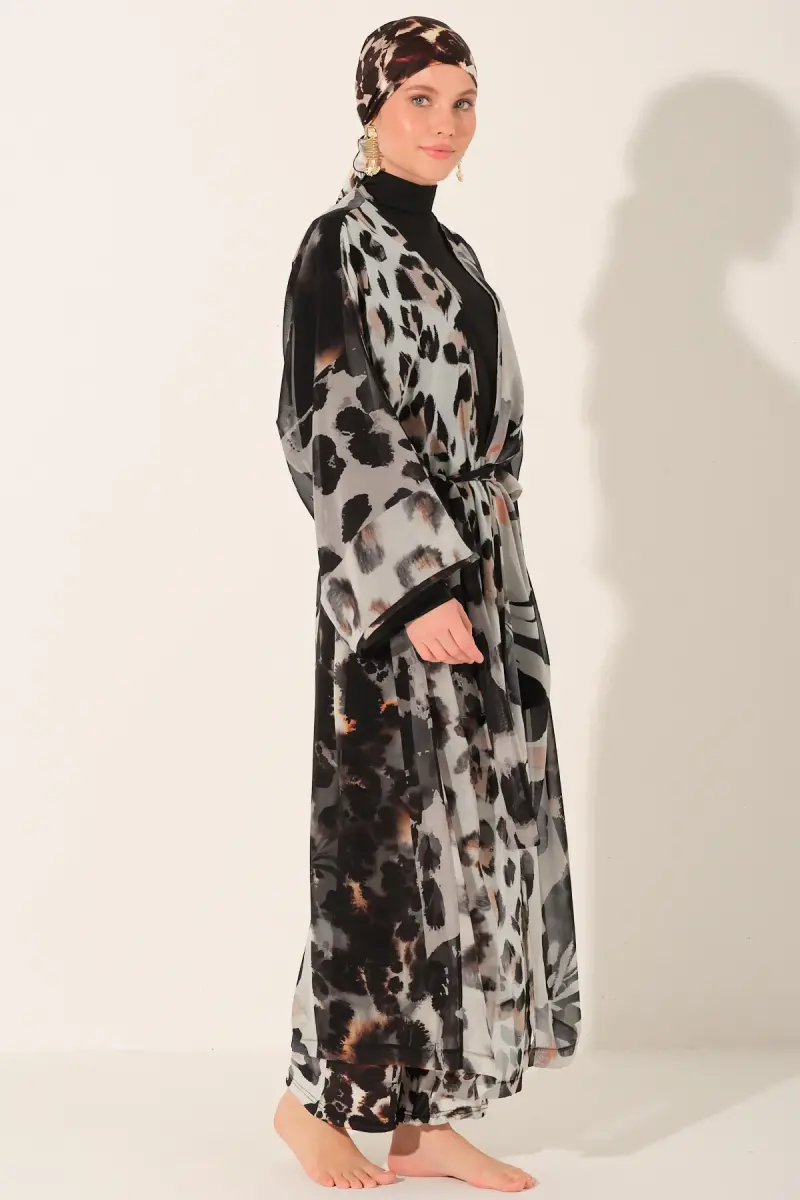 Leopar Desenli Kemerli Uzun Plaj Pareosu 7143-26 Siyah - 2
