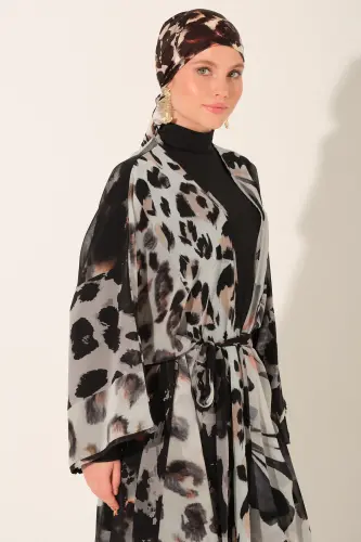Leopar Desenli Kemerli Uzun Plaj Pareosu 7143-26 Siyah - 4