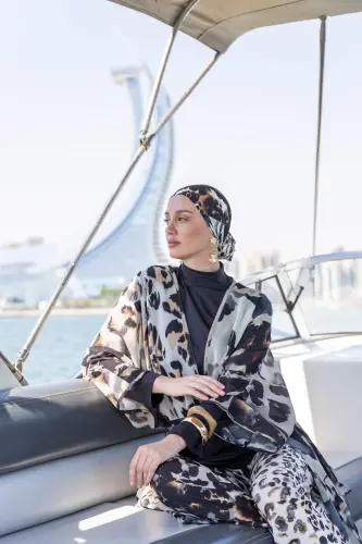 Leopar Desenli Kemerli Uzun Plaj Pareosu 7143-26 Siyah - 7