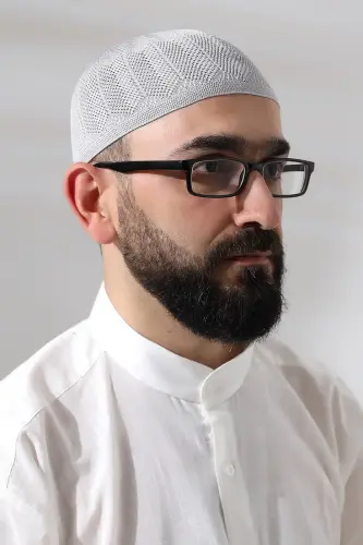 Light Gray Knitted Prayer Skull with Sapphire Lace Detail - ihvanonline (1)