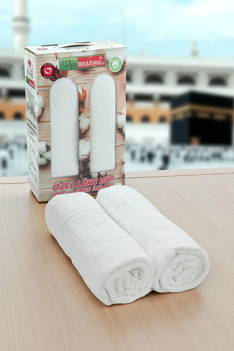 Lüks %100 Pamuk Erkek İhram - Hac Umre için Terletmez Dikişsiz 2 Parça Set - 110X220 cm - 1