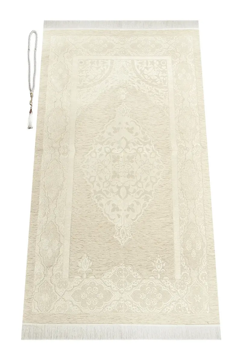 Lüks Açık Renk Osmanlı Şönil Seccade Tesbih Hediyeli Krem - 1