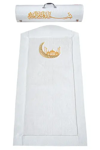 Lüks Deri Silindir Çantalı Peluş Seccade Beyaz - ihvanonline (1)