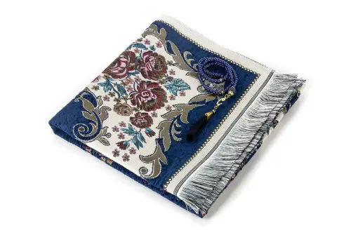 Lüks Gülce Şönil Seccade Lacivert Tesbih Hediyeli - İhvan (1)