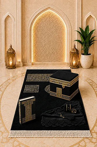 Lüks Kadife Kaplı Kabe Kutulu Eşarp Tesbih Zikirmatik Kuranı Kerim ve Kabe Örtüsü Seccade Seti - 2
