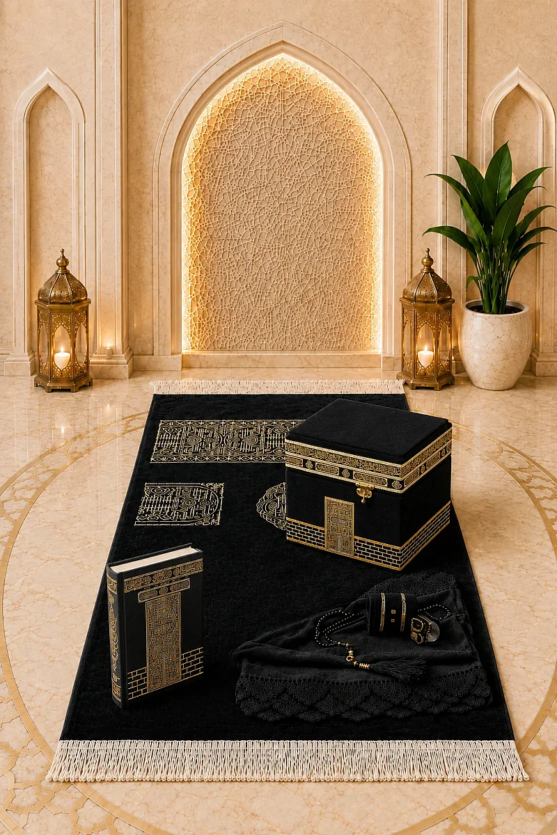 Lüks Kadife Kaplı Kabe Kutulu Eşarp Tesbih Zikirmatik Kuranı Kerim ve Kabe Örtüsü Seccade Seti - 2
