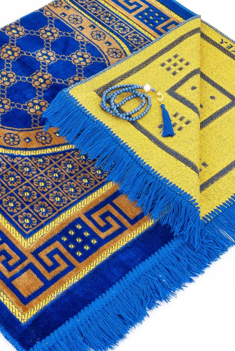 Lüks Kadife Şipinger Seccade Tesbih Hediyeli Mavi - 3