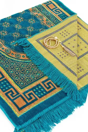 Lüks Kadife Şipinger Seccade Tesbih Hediyeli Petrol Renk - 4