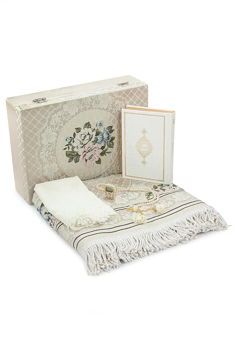 Lüks Sandıklı - Gelin Bohçasına Uygun - Seccade Kuranı Kerim Güllü İnci Tesbih Zikirmatik Şal - Hediyelik Set - Krem - 1
