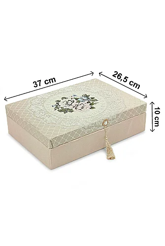 Lüks Sandıklı - Gelin Bohçasına Uygun - Seccade Kuranı Kerim Güllü İnci Tesbih Zikirmatik Şal - Hediyelik Set - Krem - 6