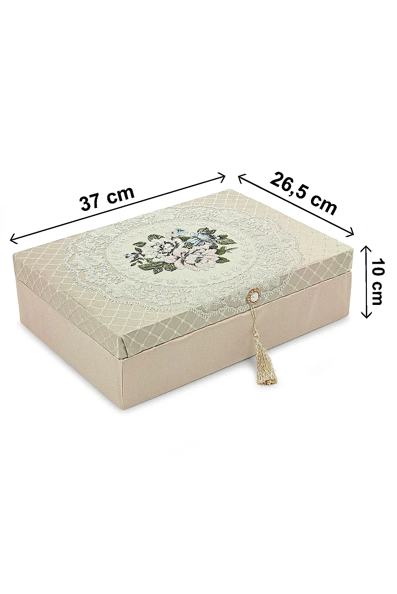 Lüks Sandıklı - Gelin Bohçasına Uygun - Seccade Kuranı Kerim Güllü İnci Tesbih Zikirmatik Şal - Hediyelik Set - Krem - 6