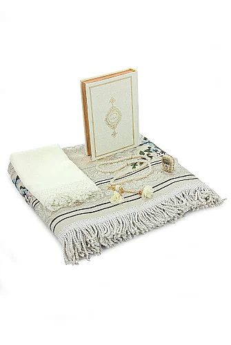 Lüks Sandıklı - Gelin Bohçasına Uygun - Seccade Kuranı Kerim Güllü İnci Tesbih Zikirmatik Şal - Hediyelik Set - Krem - 7