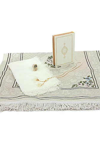 Lüks Sandıklı - Gelin Bohçasına Uygun - Seccade Kuranı Kerim Güllü İnci Tesbih Zikirmatik Şal - Hediyelik Set - Krem - ihvanonline (1)