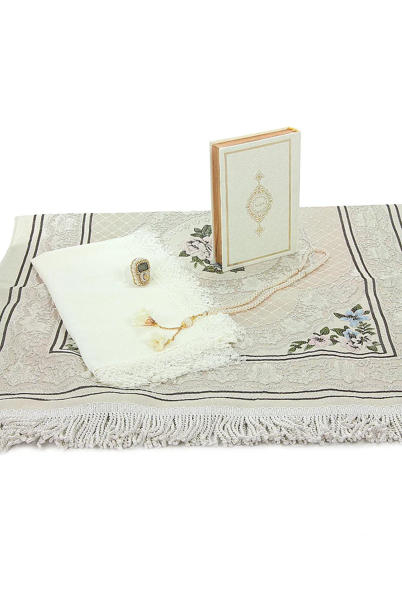 Lüks Sandıklı - Gelin Bohçasına Uygun - Seccade Kuranı Kerim Güllü İnci Tesbih Zikirmatik Şal - Hediyelik Set - Krem - 2