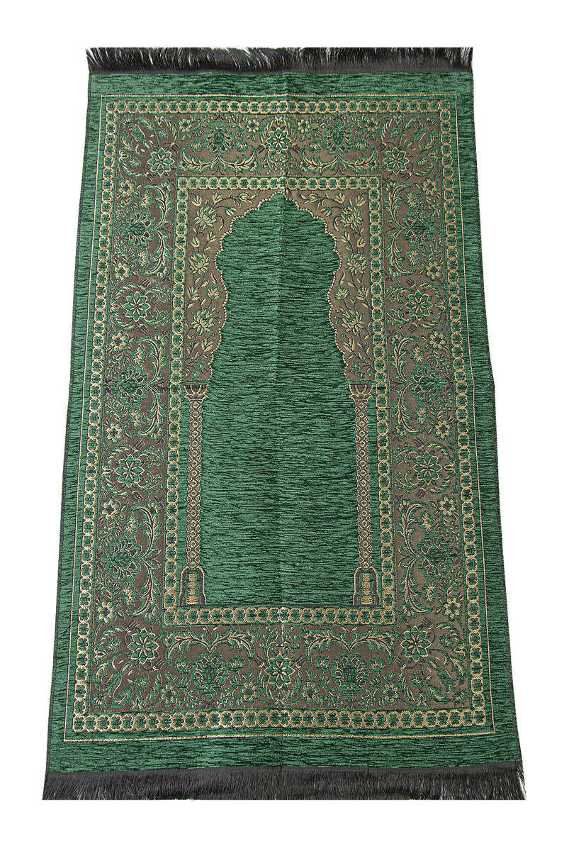 Luxury Mihrab Thick Velvet Prayer Rug Dark Green - 1