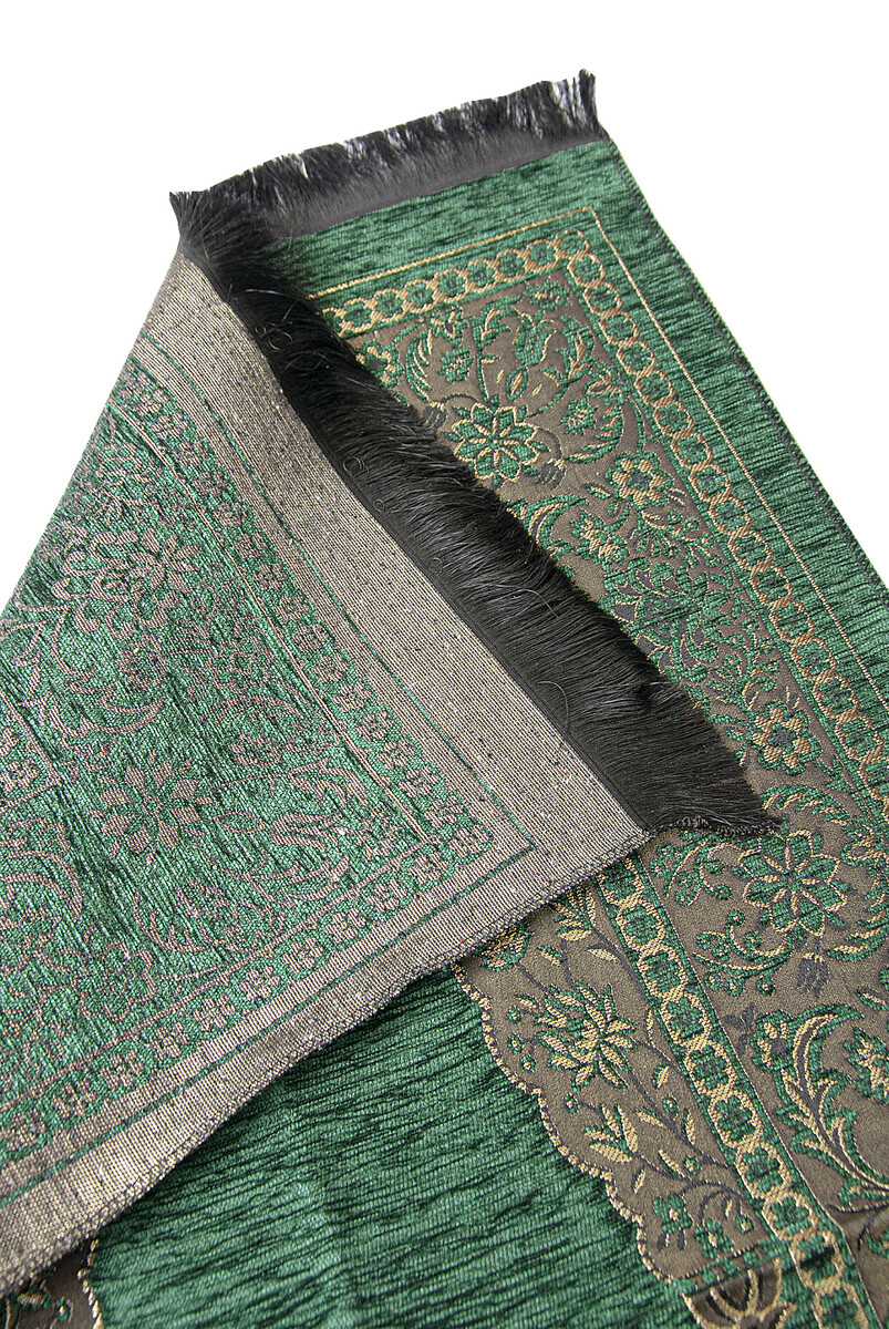 Luxury Mihrab Thick Velvet Prayer Rug Dark Green - 2
