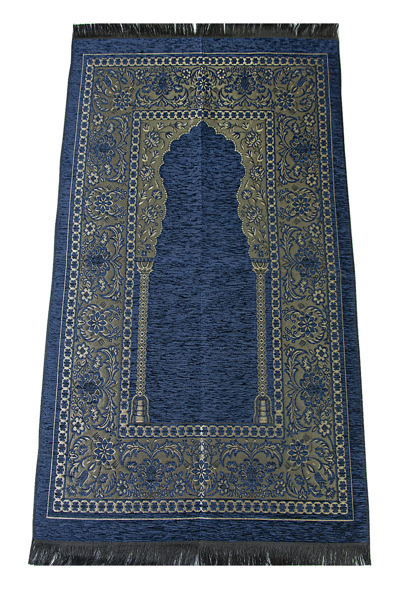 Luxury Mihrab Thick Velvet Prayer Rug Navy Blue - 1