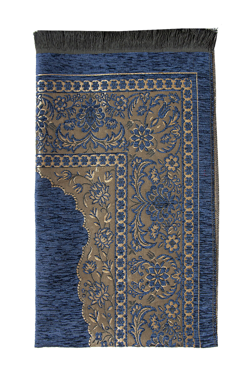 Luxury Mihrab Thick Velvet Prayer Rug Navy Blue - 3