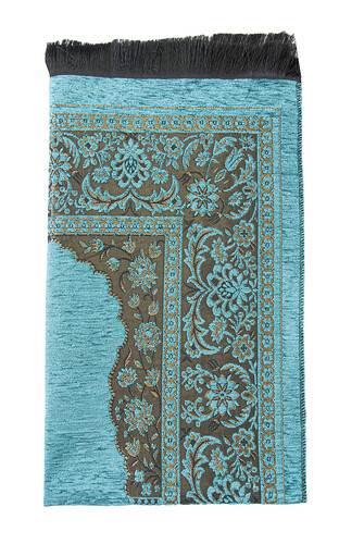Luxury Mihrab Thick Velvet Prayer Rug Neon Blue - 3