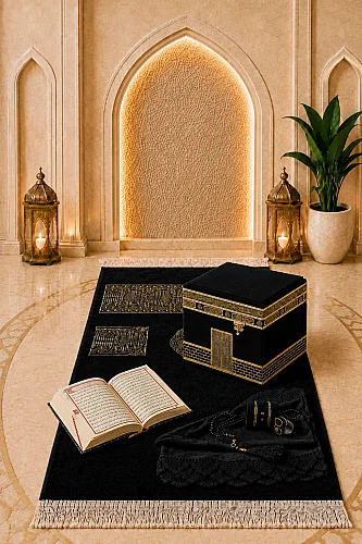 Luxury Velvet Covered Kaaba Boxed Scarf Rosary Dhikirmatik Koran Kerim and Prayer Rug Set - 1