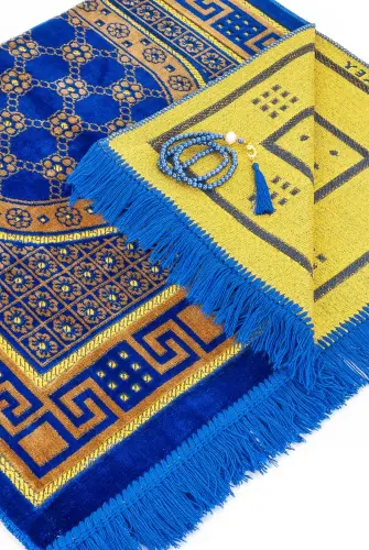 Luxury Velvet Shipinger Prayer Rug Rosary Blue with Gift - 3