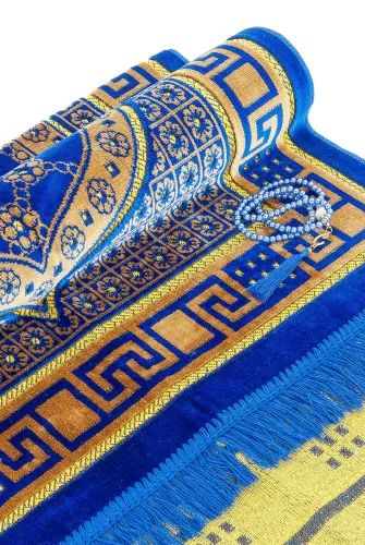Luxury Velvet Shipinger Prayer Rug Rosary Blue with Gift - 4