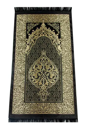 Luxury Taffeta Prayer Rug - Pearl Rosary - Windowed Boxed Mevlid Gift Set Black Color - İhvan (1)