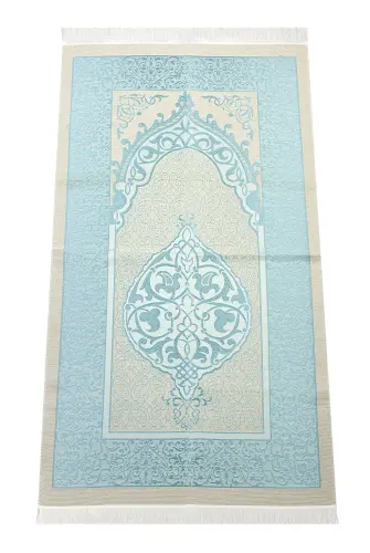 Luxury Taffeta Prayer Rug - Pearl Rosary - Windowed Boxed Mevlid Gift Set Blue Color - 2