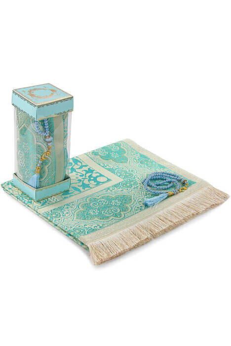 Luxury Taffeta Prayer Rug - Pearl Rosary - Windowed Boxed Mevlid Gift Set Blue Color