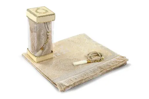 Luxury Tafta Prayer Mat - Pearl Rosary - Glass Boxed Mevlid Gift Set Cream Color - İhvan (1)
