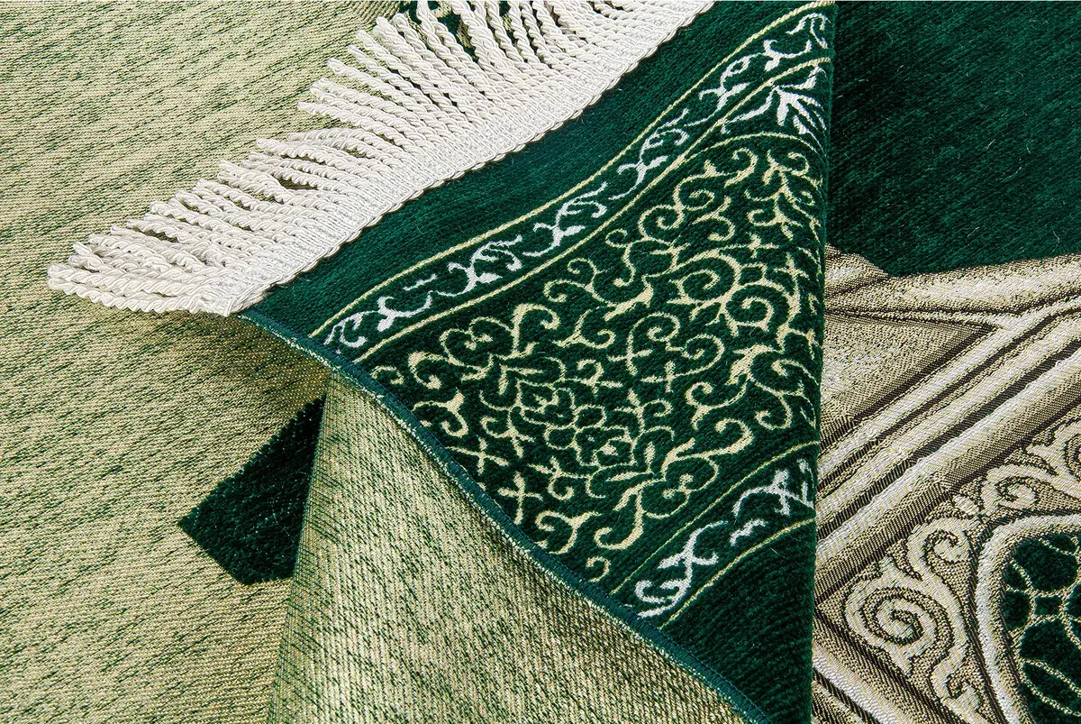 Makamı İbrahim Desenli Lüks Şönil Seccade - Yeşil - 3