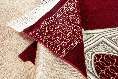 Makamı İbrahim Patterned Luxurious Chenille Prayer Rug - Claret Red - 2