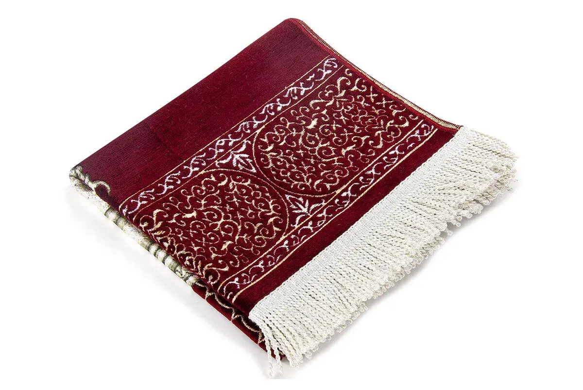 Makamı İbrahim Patterned Luxurious Chenille Prayer Rug - Claret Red - 3