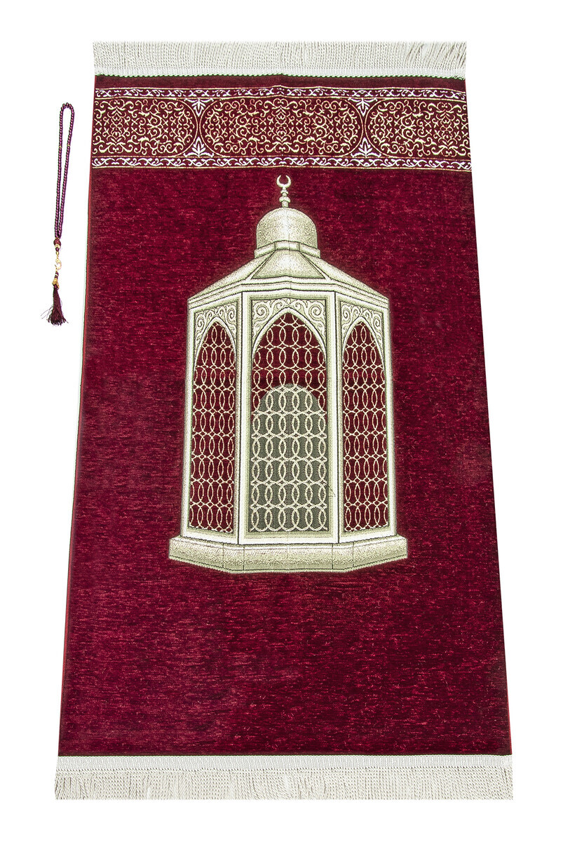 Makamı İbrahim Patterned Luxurious Chenille Prayer Rug - Claret Red